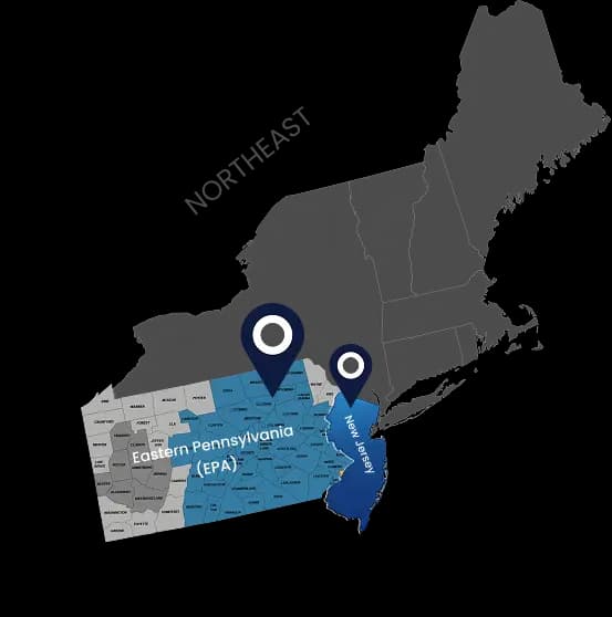Map of the northeastern United States with BayfordBridge's two markets highlighted — Eastern Pennsylvania county by county, and New Jersey