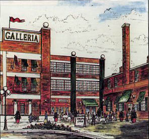 Hand-colored vintage sketch of The Galleria building in Red Bank — red brick facade, GALLERIA sign, and courtyard at West Front Street and Bridge Avenue